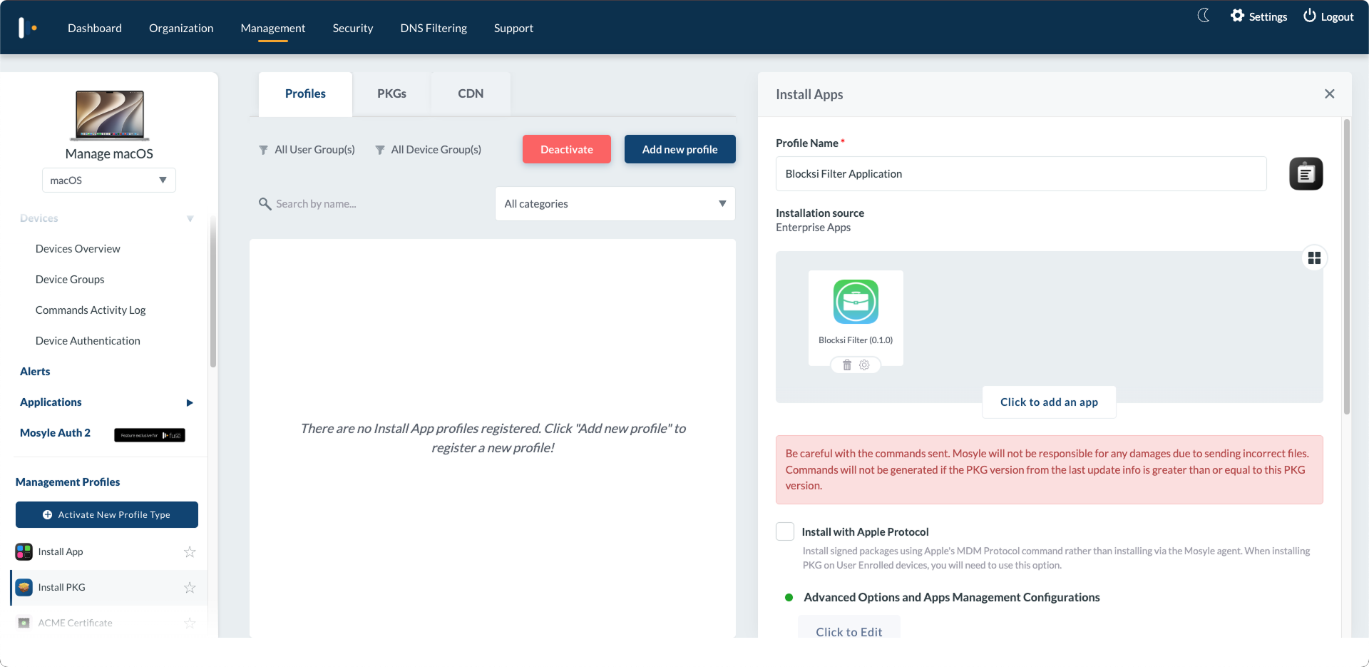 Seção de aplicativos de instalação configurada