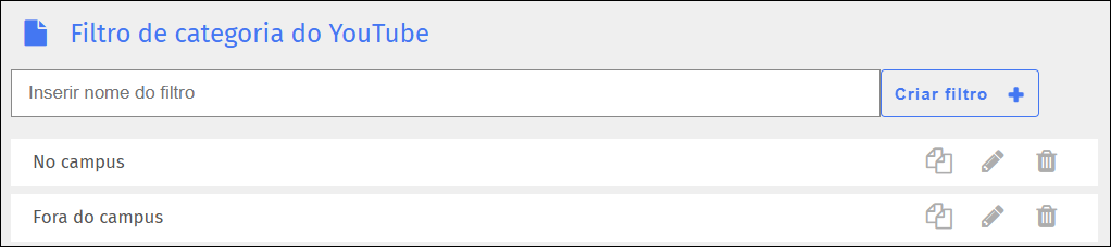 Tela do filtro de categorias do YouTube