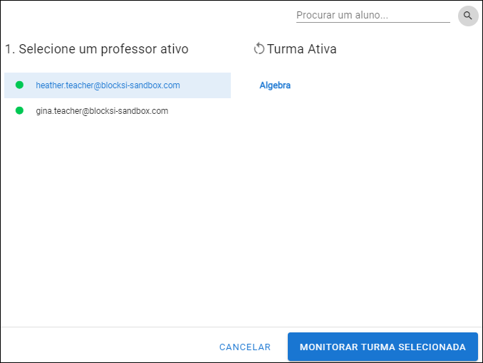 Janela Monitorar alunos — selecionar turma