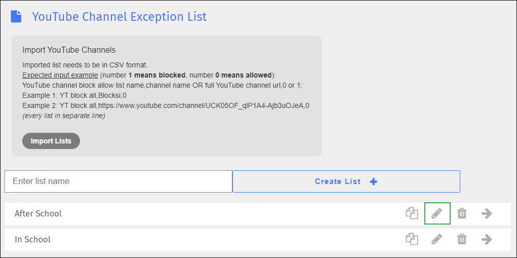 YouTube Channel Exception List Screen - Edit Icon YouTube Channel Exception List Screen - Edit Icon