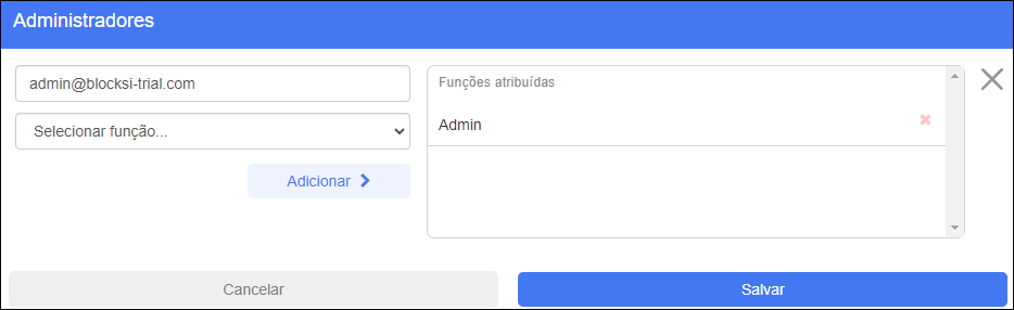 Tela Administradores e funções — editar campos de administrador