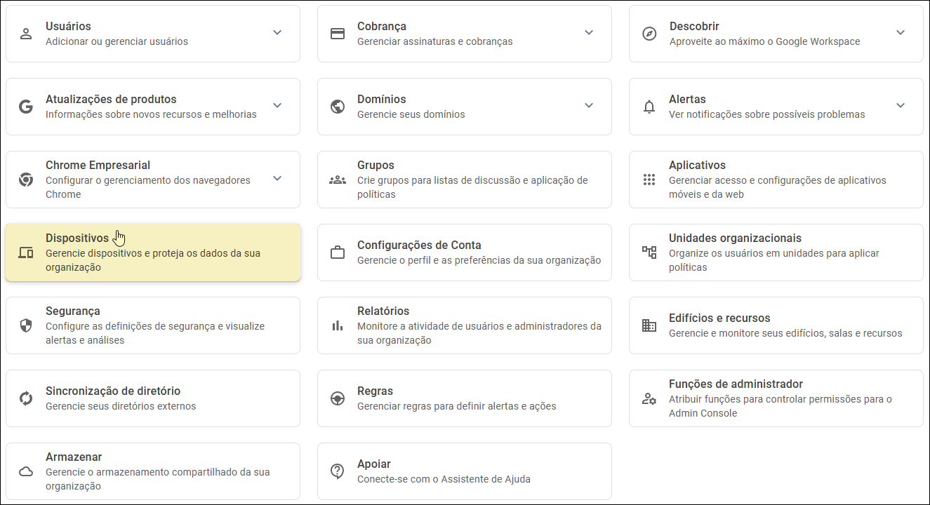 Google Admin Console - Select Devices Google Admin Console - Selecione o dispositivo