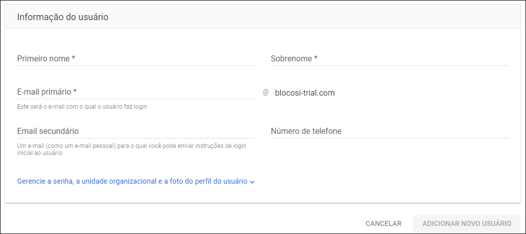Google Admin Console - Adicionar nova janela de usuário