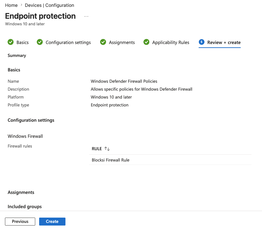 Revise + Create - Endpoint Protection