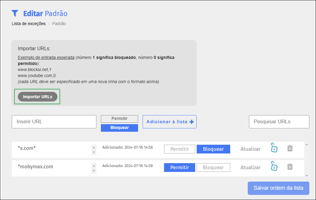 Tela de edição da lista de exceções — botão Importar URLs