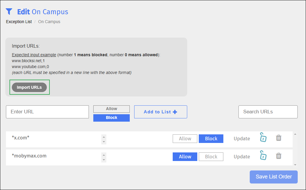 Exception List Edit Screen - Import URLs Button