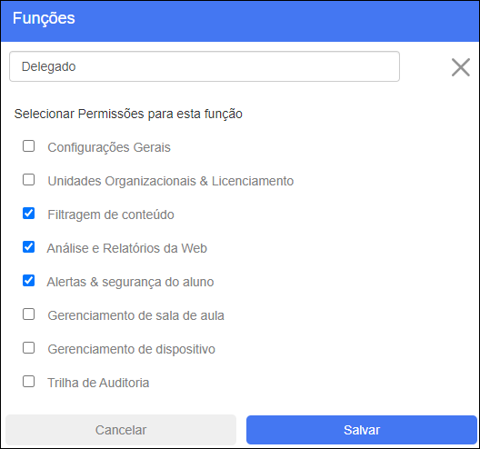 Tela Administradores e funções — editar campos de função