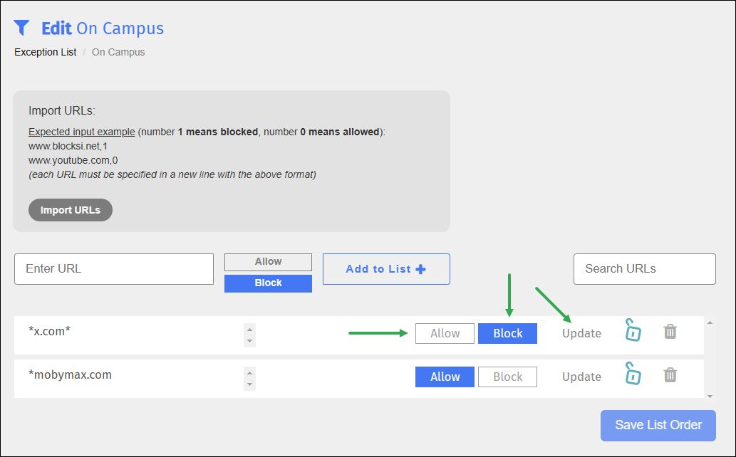 Exception List Edit Screen - Allow, Block, Update Buttons