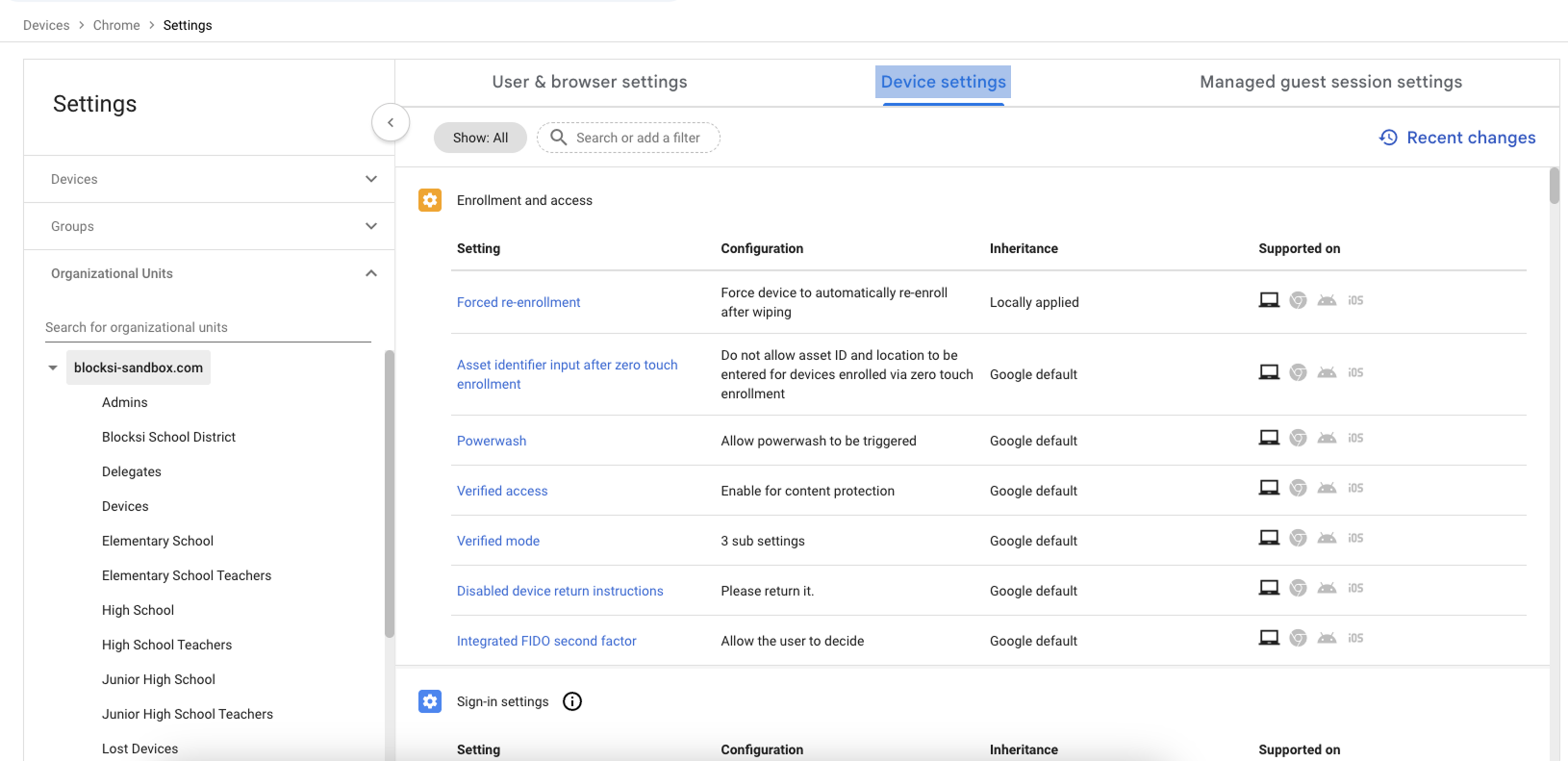 Aba de configurações do dispositivo