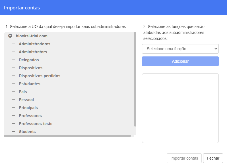 Janela Importar administradores e funções de UO