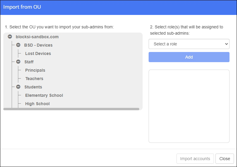 Administrator and Roles Import From OU Window