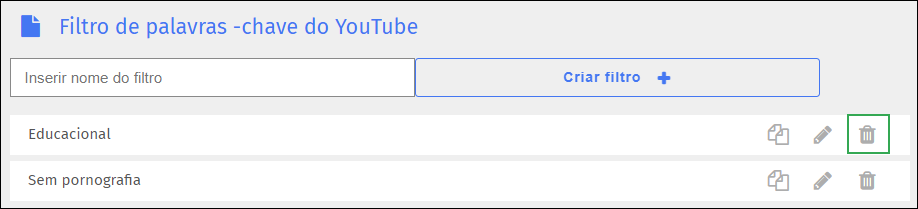 Tela do filtro de palavras-chave do YouTube — ícone de excluir