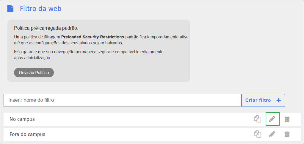 Tela Filtro da Web — ícone de editar