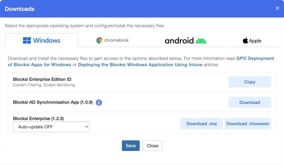 Aba de downloads no painel de administração do Blocksi