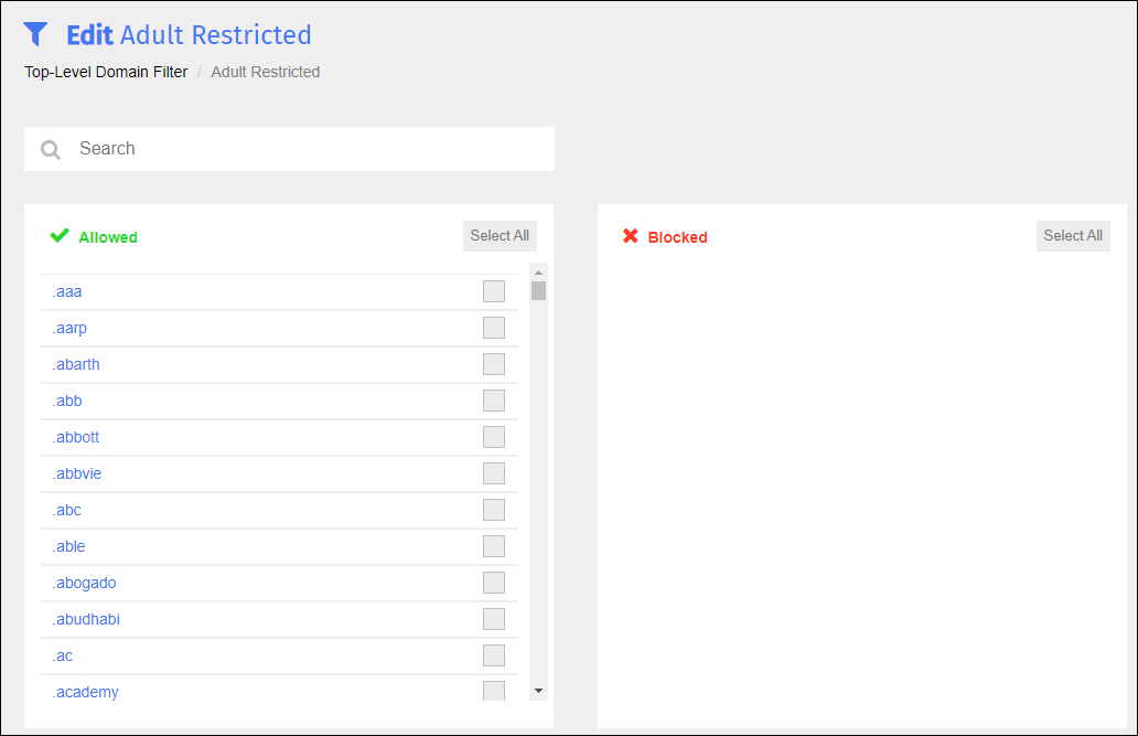 Create Top-Level Domain Filter Screen Create Top-Level Domain Filter Screen