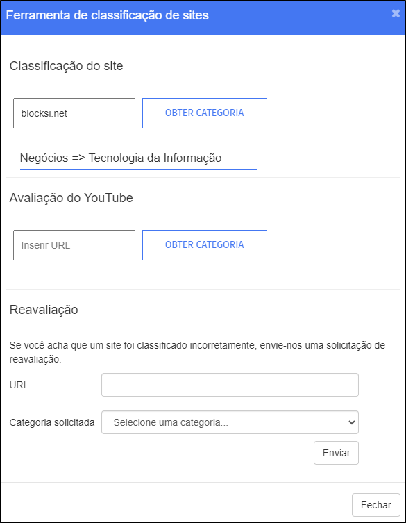 Resultado da ferramenta de classificação de sites administrativos