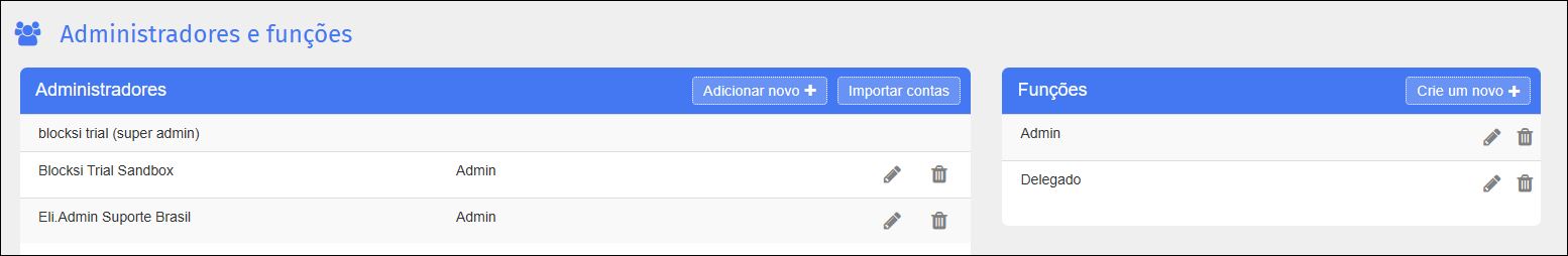 Tela Administradores e funções