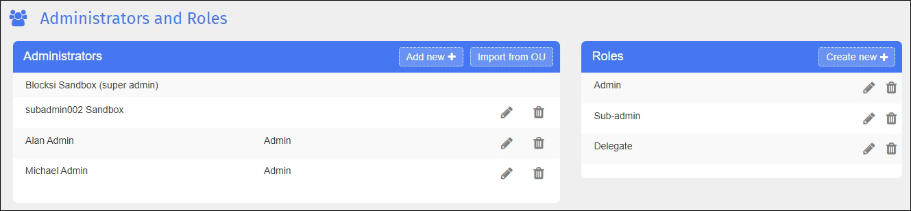 Administrators and Roles Screen