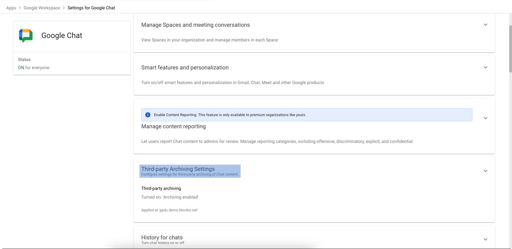 Opção de configurações de arquivamento de terceiros