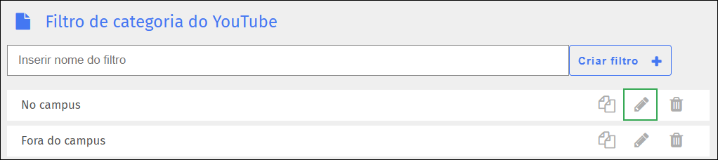 Tela do filtro de categorias do YouTube — ícone de editar