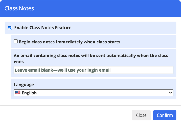 Enable Class Notes Modal Window