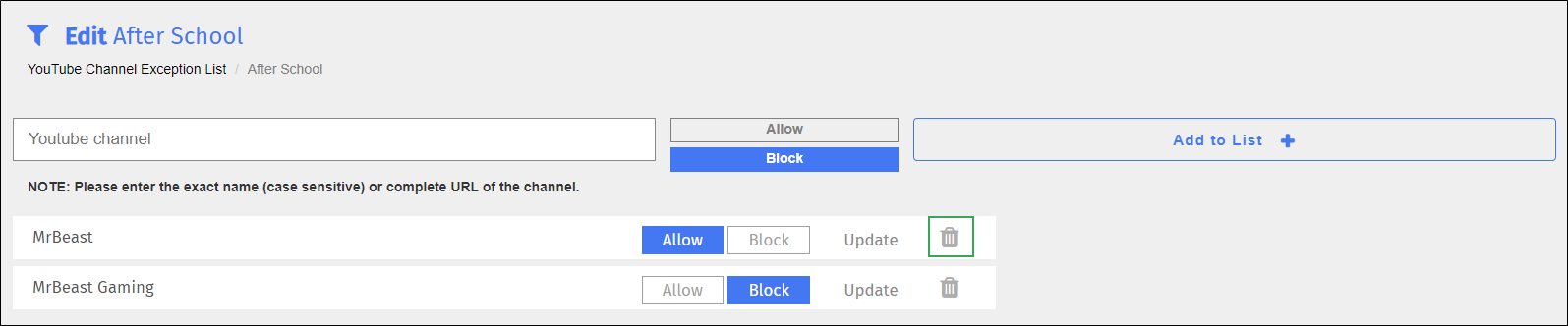 YouTube Channel Exception List Edit Screen - Delete Icon YouTube Channel Exception List Edit Screen - Delete Icon