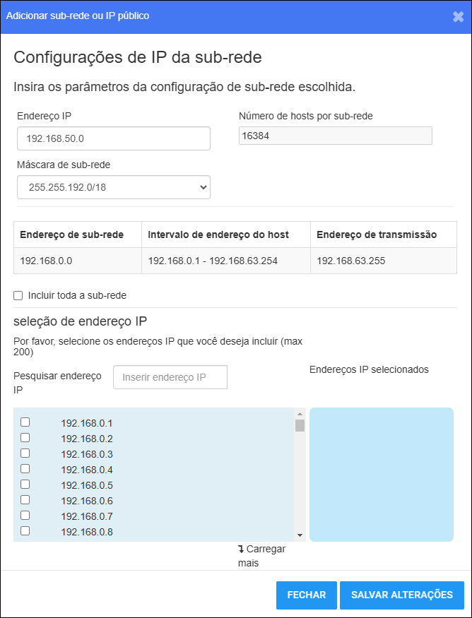 Add Subnet or Public IP Window Fields Janela de sub-rede expandida