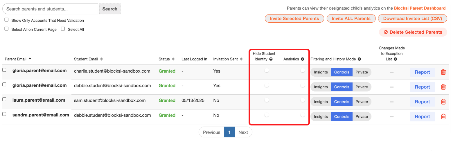 Configurações de ocultar identidade do aluno e análise por pai