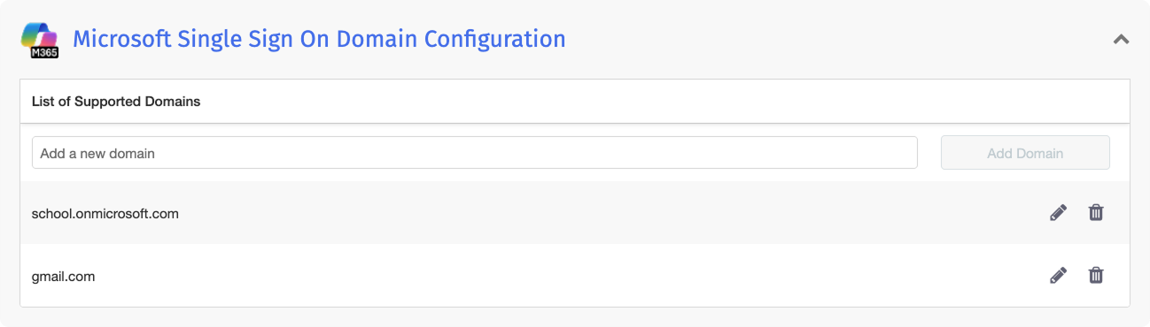 Seção de configuração de domínio do Microsoft Single Sign On