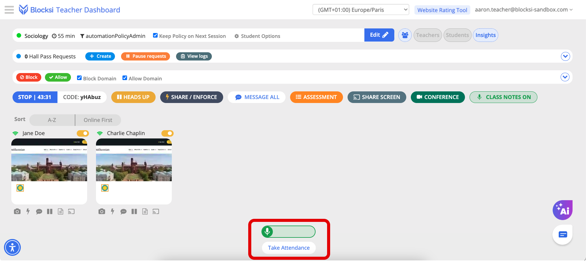 Active Class Notes on Teacher Dashboard