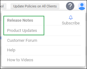 Admin Action Bar Help Icon -­ Release Notes/­Product Updates Options