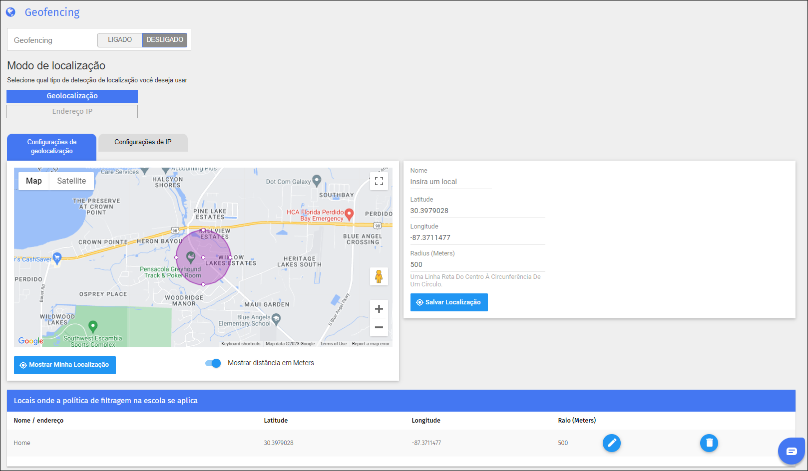 Geofencing Screen Tela Geofencing