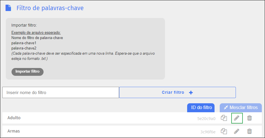 Tela Filtro de palavras-chave — ícone de editar