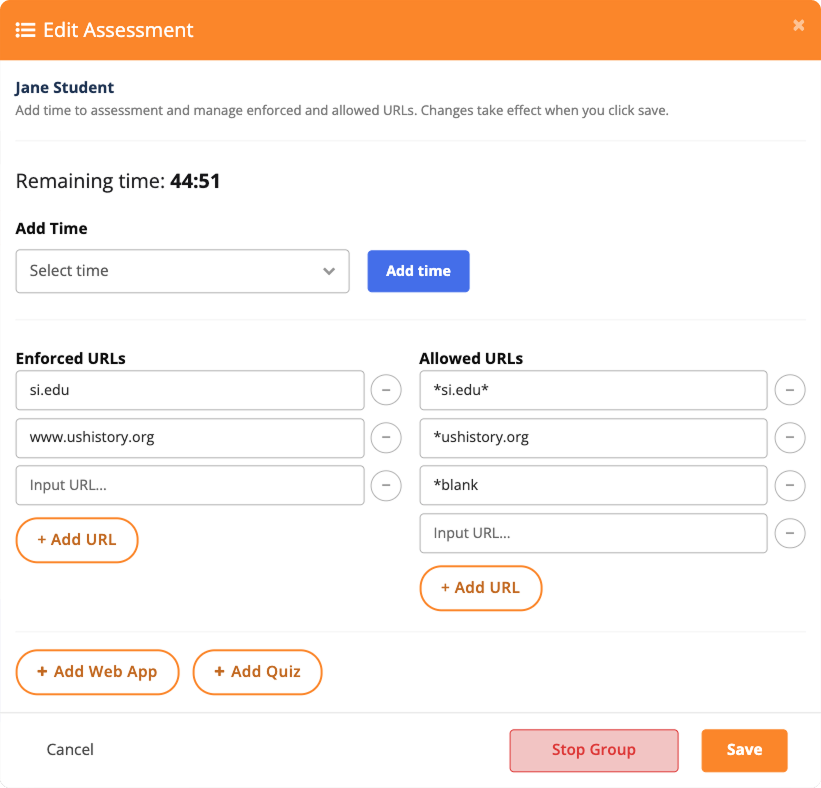 Edit Assessment for Individual Student Window