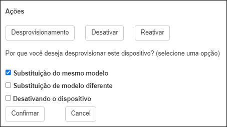 Janela Detalhes do dispositivo — motivo do desprovisionamento