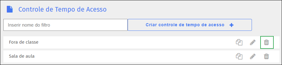 Tela Controle de horário de acesso — ícone de excluir