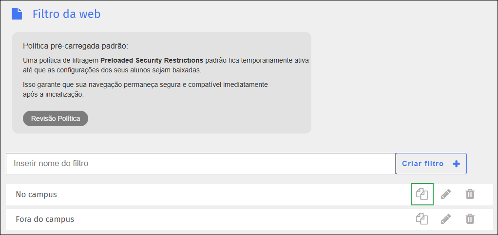 Tela Filtro da Web — ícone de duplicar