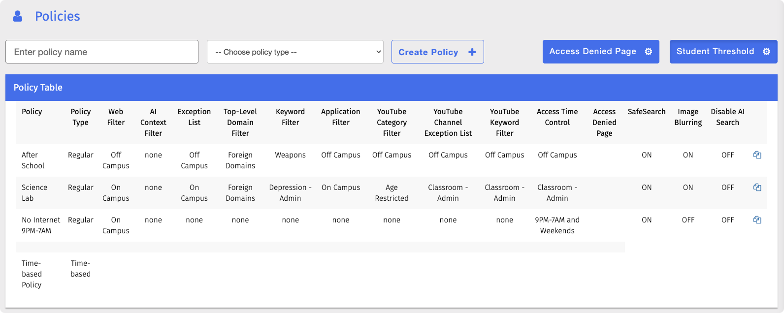 Policies Screen Policies Screen