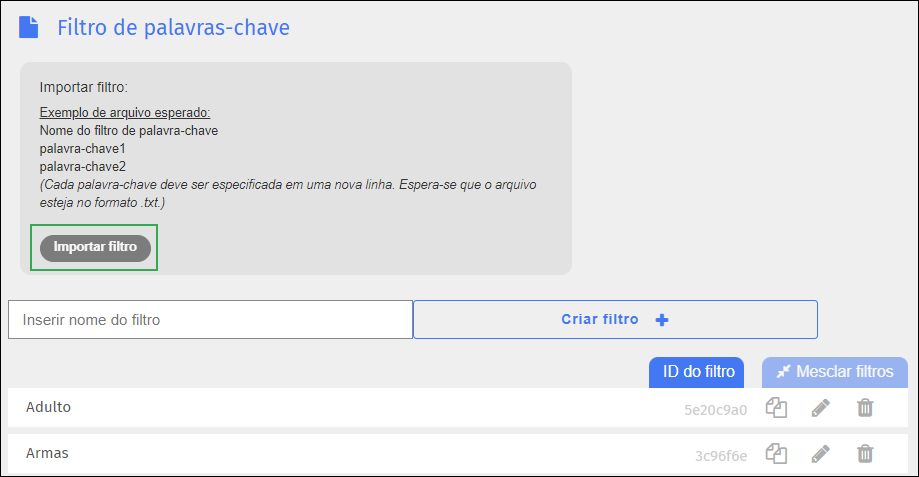 Tela Filtro de palavras-chave — botão Importar