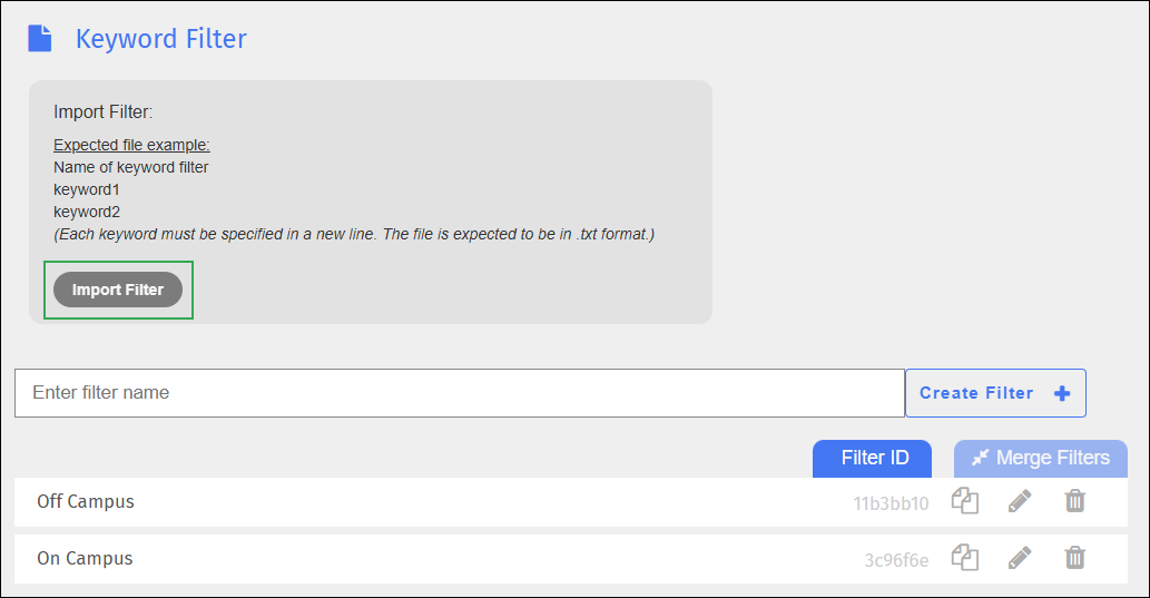 Keyword Filter Screen - Import Button