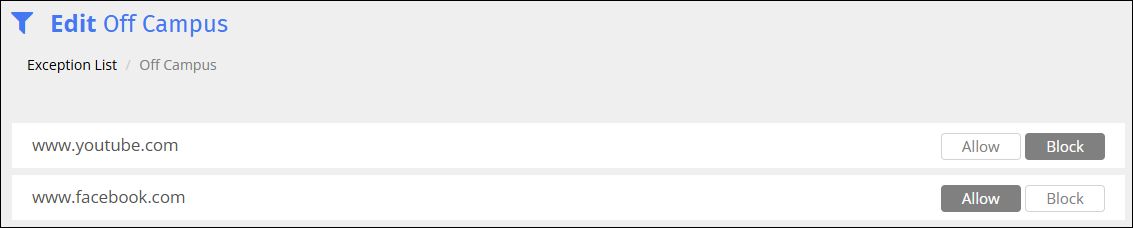 Administrator Assigned Exception List Edit Screen