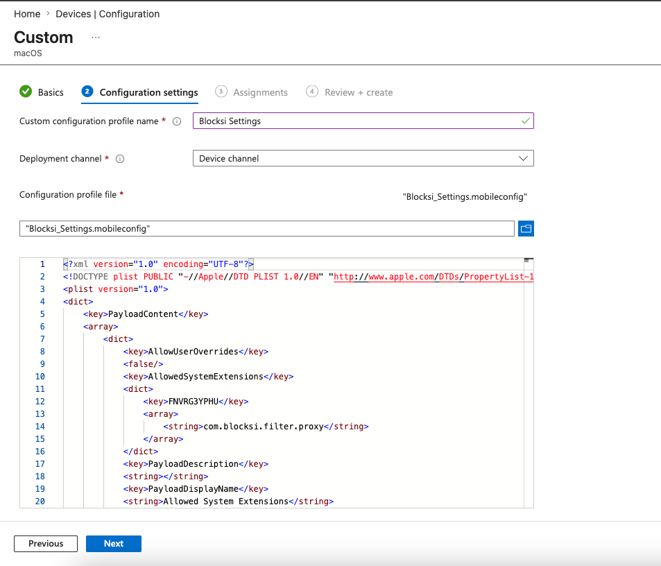 Definições de configuração