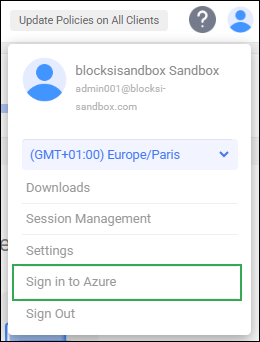 Admin Action Bar User Icon -­ Sign in to Azure Option