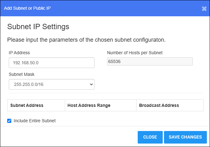 Add Subnet or Public IP Window