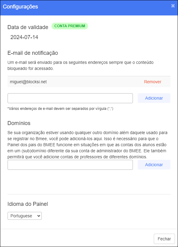 Janela de configurações do painel do administrador - Notificação por e-mail selecionada