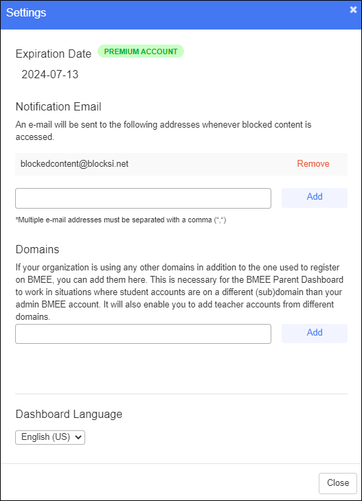 Admin Dashboard Settings Window - Selected Email Notification