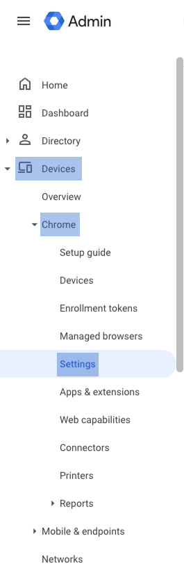 Caminho para as configurações