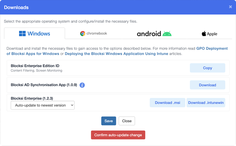 Aba de downloads no painel de administração do Blocksi