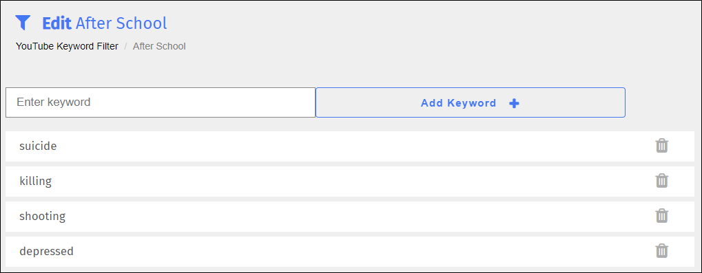 YouTube Keyword Filter Edit Screen YouTube Keyword Filter Edit Screen