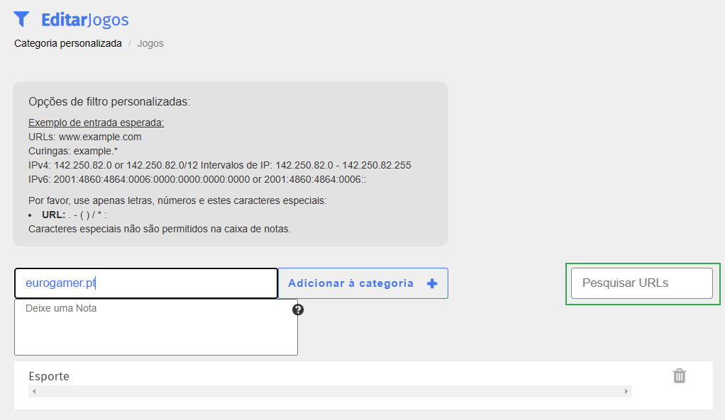 Tela de edição de categoria personalizada — caixa de pesquisa